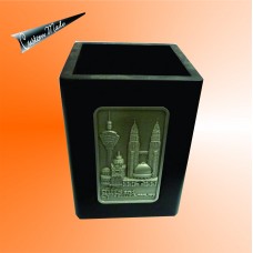 Wooden Pen Holder with Custom Made Malaysia Iconic in Pewter